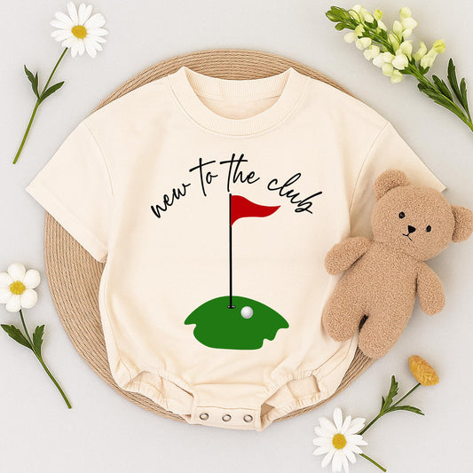 New to the Club Golf Baby Romper Cute First Birthday Outfit Toddler Boy Green Course Ball Flag Design