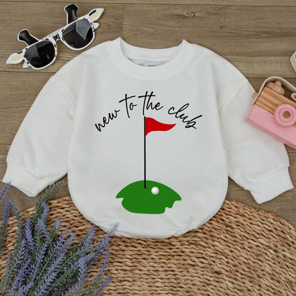 New to the Club Golf Baby Romper Cute First Birthday Outfit Toddler Boy Green Course Ball Flag Design