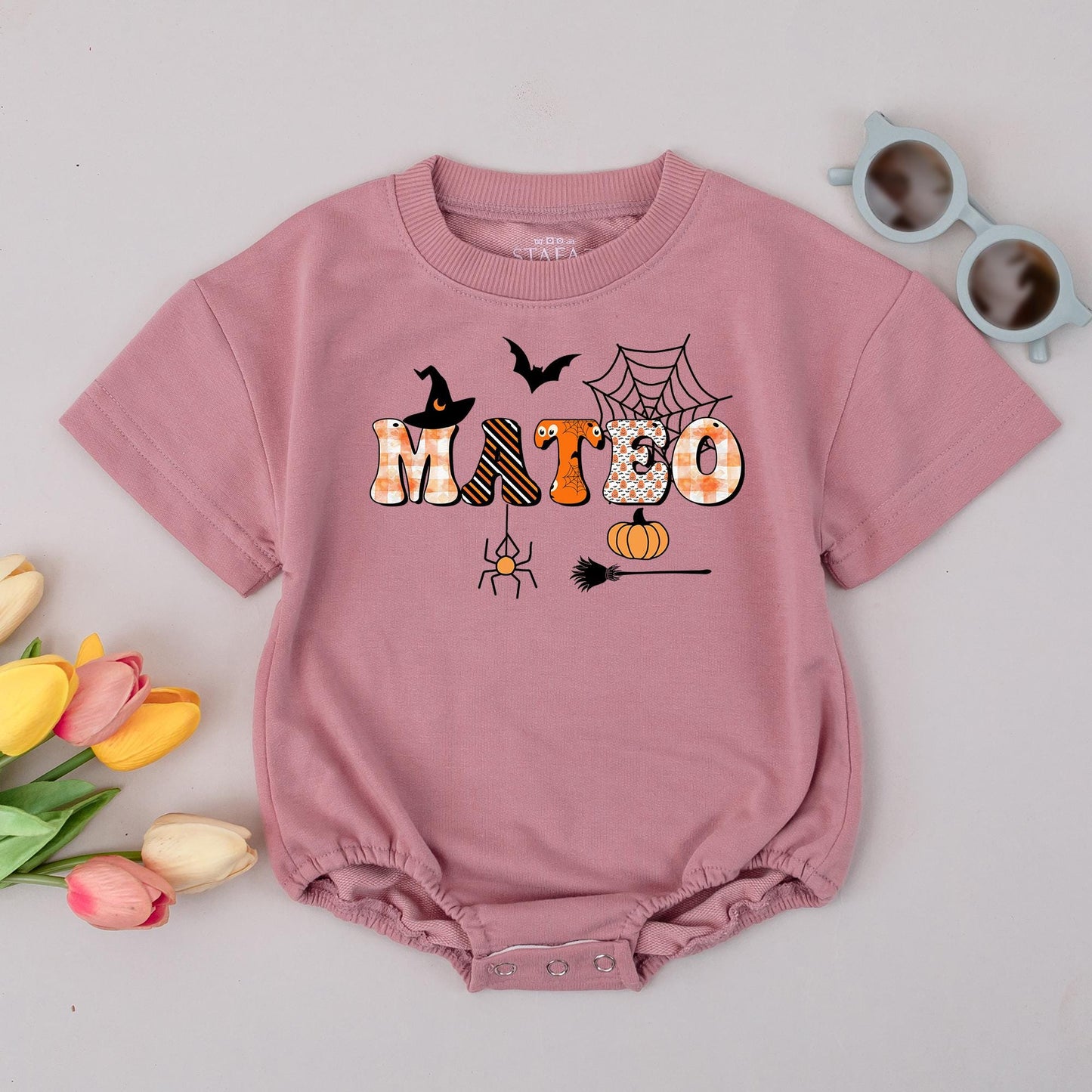 Personalized MATBO Halloween Baby Romper: Whimsical First Halloween Outfit for Baby, Custom Name Spooky Season Gift, Witch, Bat, and Pumpkin Design