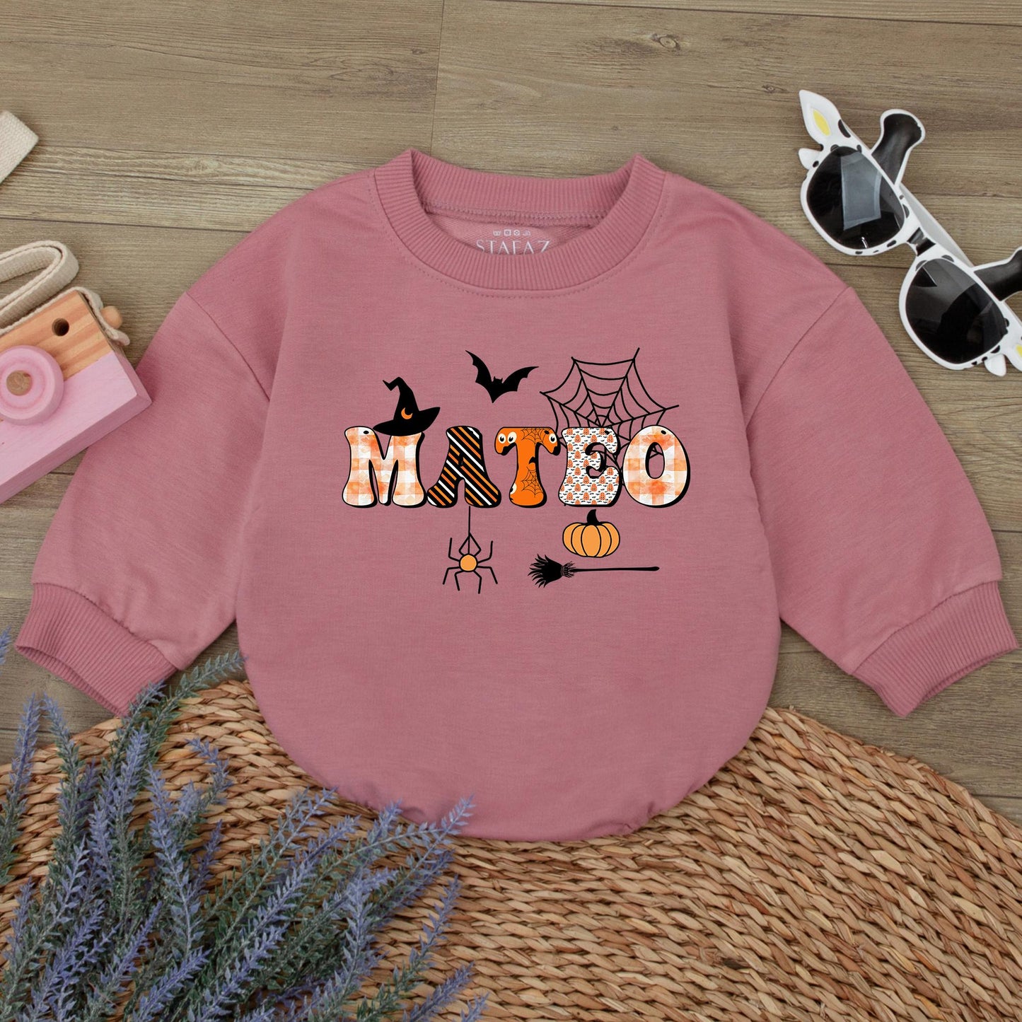 Personalized MATBO Halloween Baby Romper: Whimsical First Halloween Outfit for Baby, Custom Name Spooky Season Gift, Witch, Bat, and Pumpkin Design