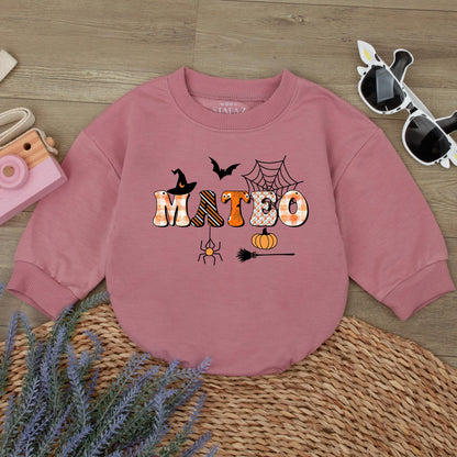 Personalized MATBO Halloween Baby Romper: Whimsical First Halloween Outfit for Baby, Custom Name Spooky Season Gift, Witch, Bat, and Pumpkin Design
