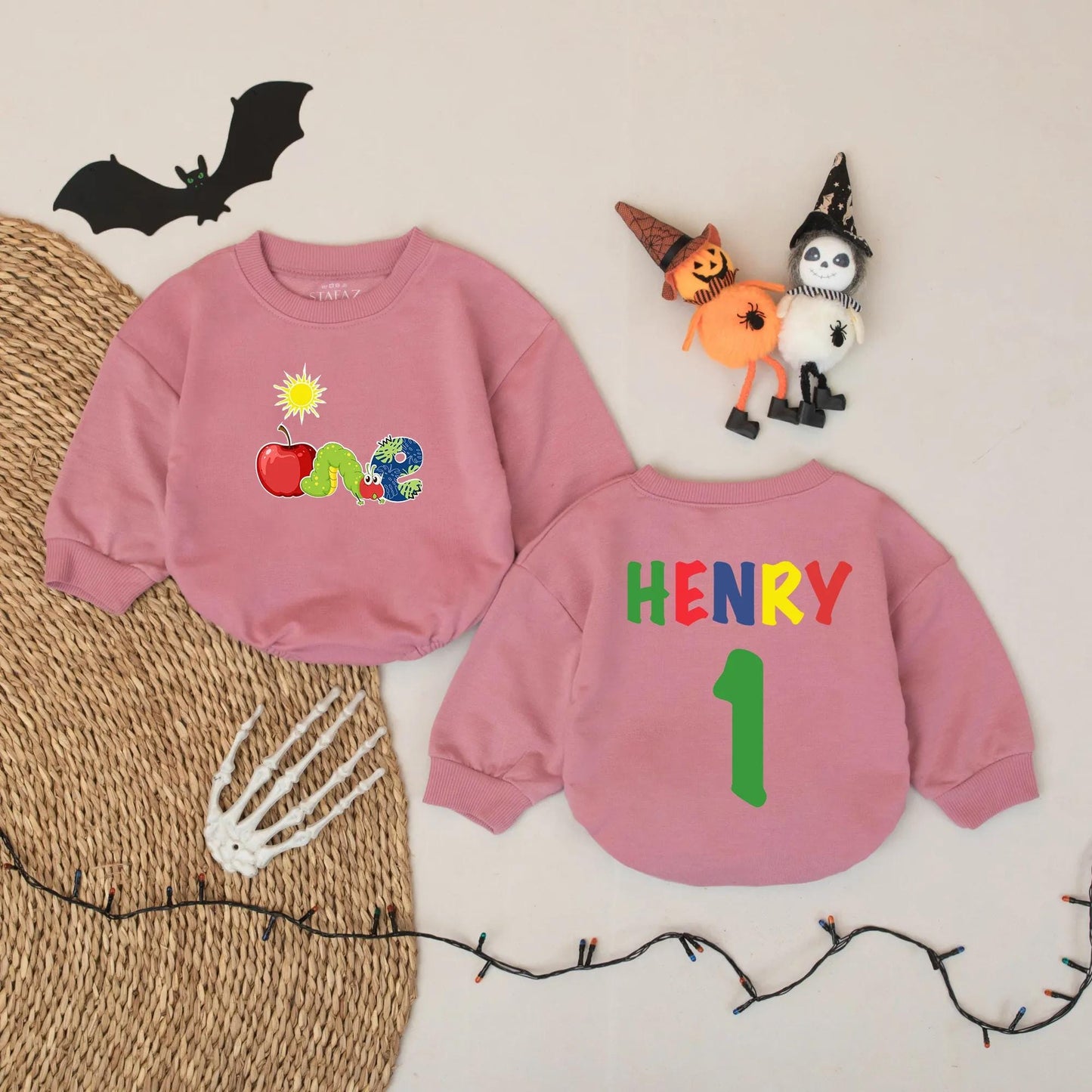 Personalized First Birthday Romper ONE Apple Caterpillar Outfit Custom Name Baby Boy Bodysuit Sun Graphic Playful Party Clothes Cute Toddler Gift