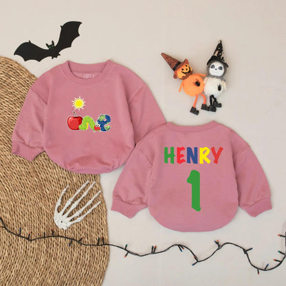 Personalized First Birthday Romper ONE Apple Caterpillar Outfit Custom Name Baby Boy Bodysuit Sun Graphic Playful Party Clothes Cute Toddler Gift