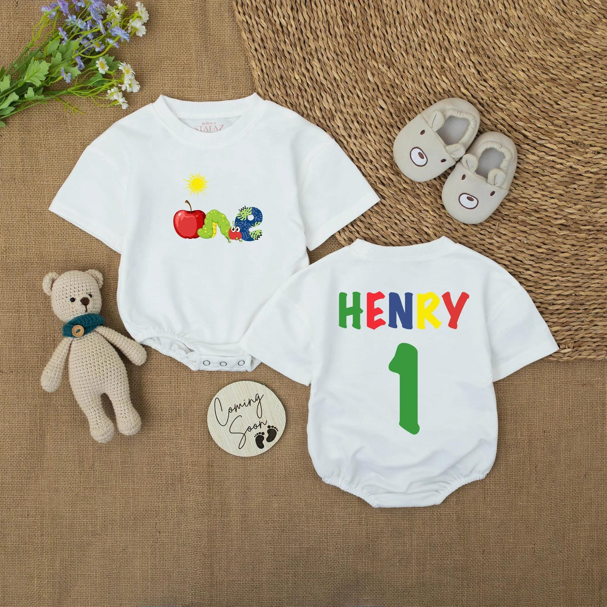 Personalized First Birthday Romper ONE Apple Caterpillar Outfit Custom Name Baby Boy Bodysuit Sun Graphic Playful Party Clothes Cute Toddler Gift