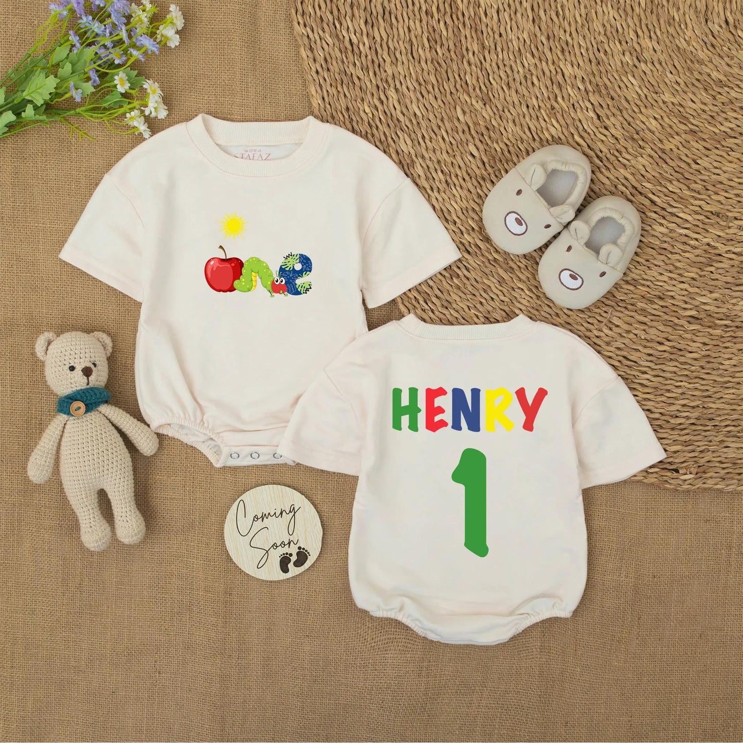 Personalized First Birthday Romper ONE Apple Caterpillar Outfit Custom Name Baby Boy Bodysuit Sun Graphic Playful Party Clothes Cute Toddler Gift