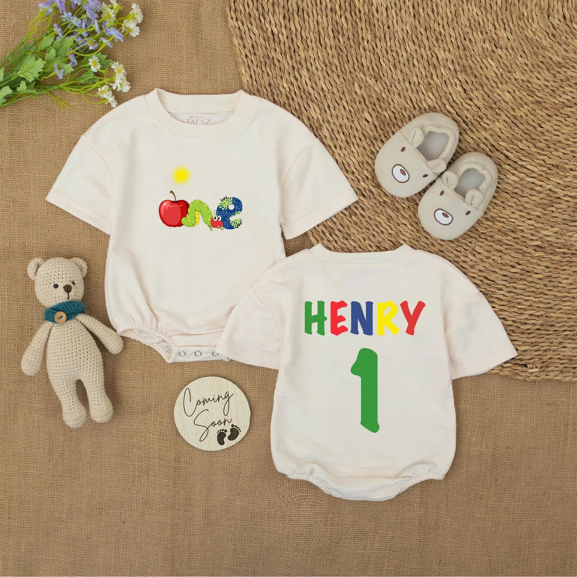 Personalized First Birthday Romper ONE Apple Caterpillar Outfit Custom Name Baby Boy Bodysuit Sun Graphic Playful Party Clothes Cute Toddler Gift