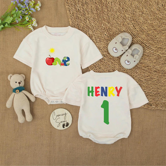 Personalized First Birthday Romper ONE Apple Caterpillar Outfit Custom Name Baby Boy Bodysuit Sun Graphic Playful Party Clothes Cute Toddler Gift