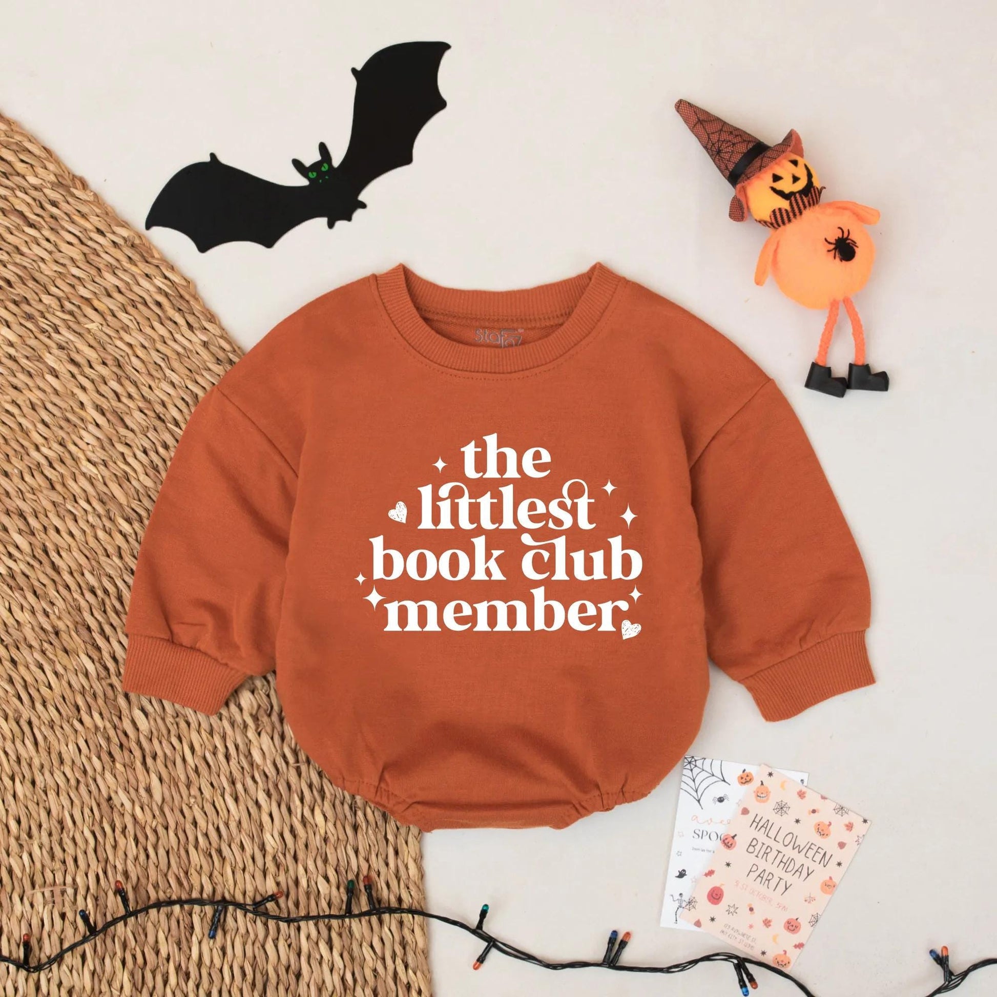 Littlest Book Club Member Baby Romper Outfit, Cute Reader Bodysuit, Burnt Orange Periwinkle Hearts & Stars, Newborn Gift, Book Lover, Soft Cotton (138 chars)