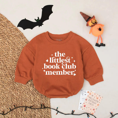 Littlest Book Club Member Baby Romper Outfit, Cute Reader Bodysuit, Burnt Orange Periwinkle Hearts & Stars, Newborn Gift, Book Lover, Soft Cotton (138 chars)