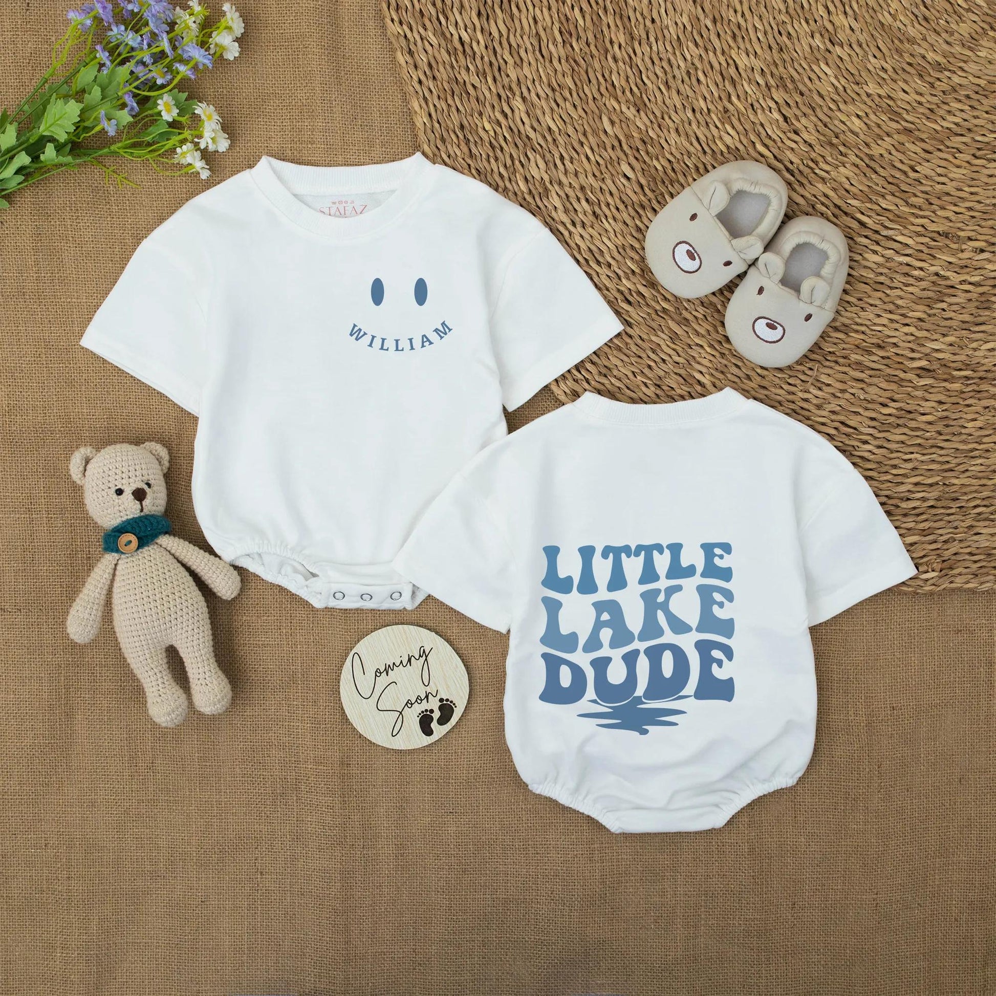 Little Lake Dude Baby Romper Blue Oval William Design Custom Summer Bodysuit Boy Shower Outfit Infant Gift Outdoor