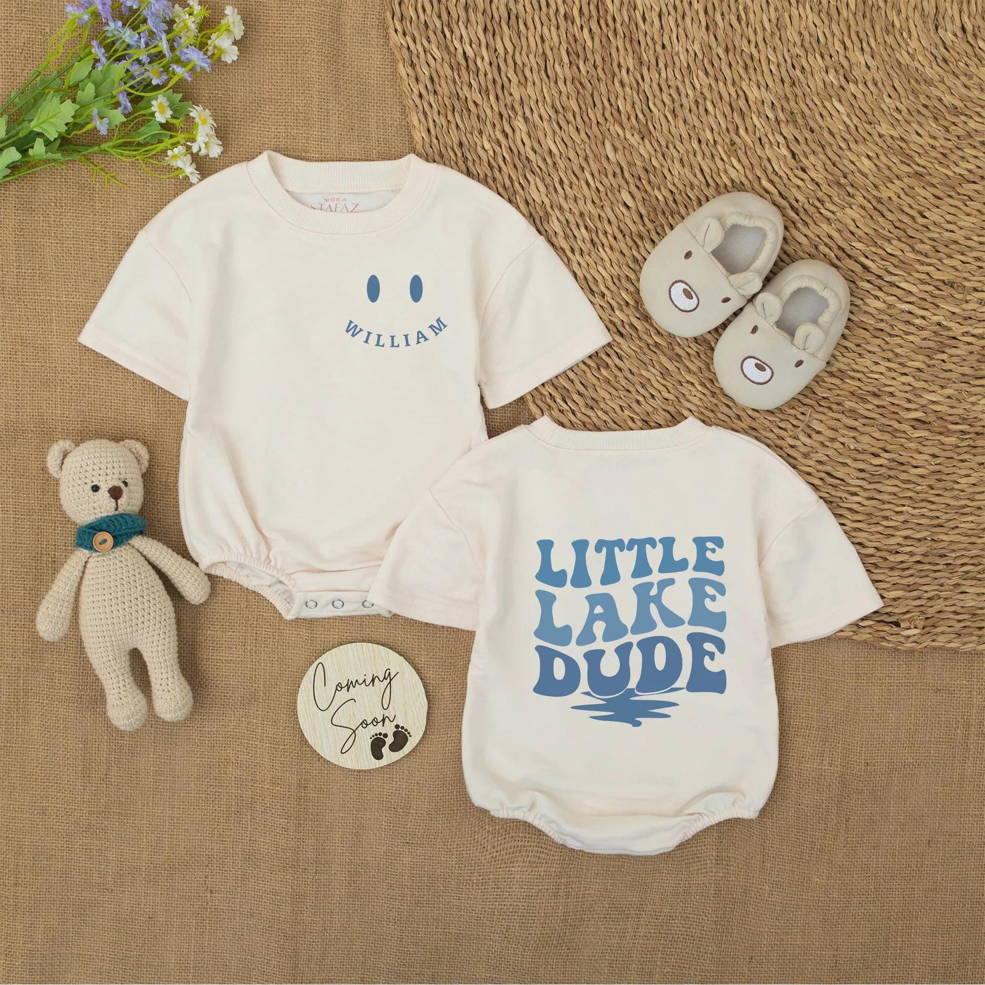 Little Lake Dude Baby Romper Blue Oval William Design Custom Summer Bodysuit Boy Shower Outfit Infant Gift Outdoor