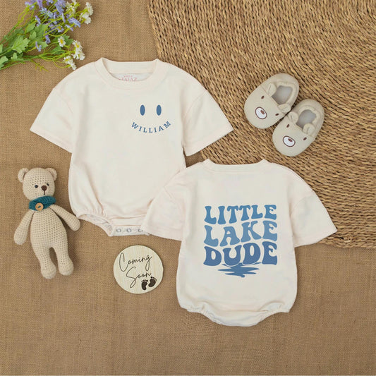 Little Lake Dude Baby Romper Blue Oval William Design Custom Summer Bodysuit Boy Shower Outfit Infant Gift Outdoor