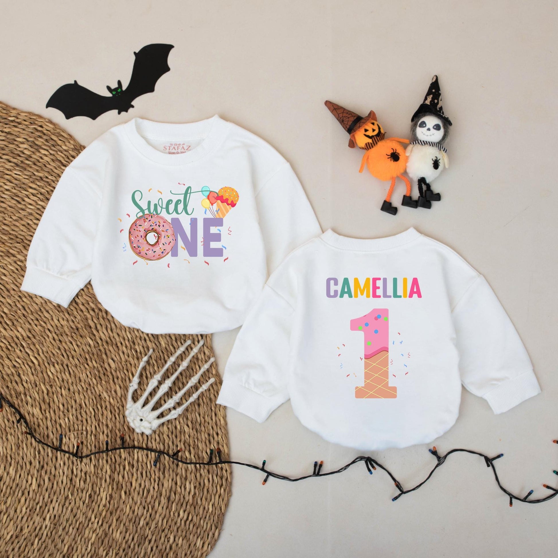 Sweet One Donut Ice Cream Romper for Baby Girl Personalized Camellia First Birthday Outfit