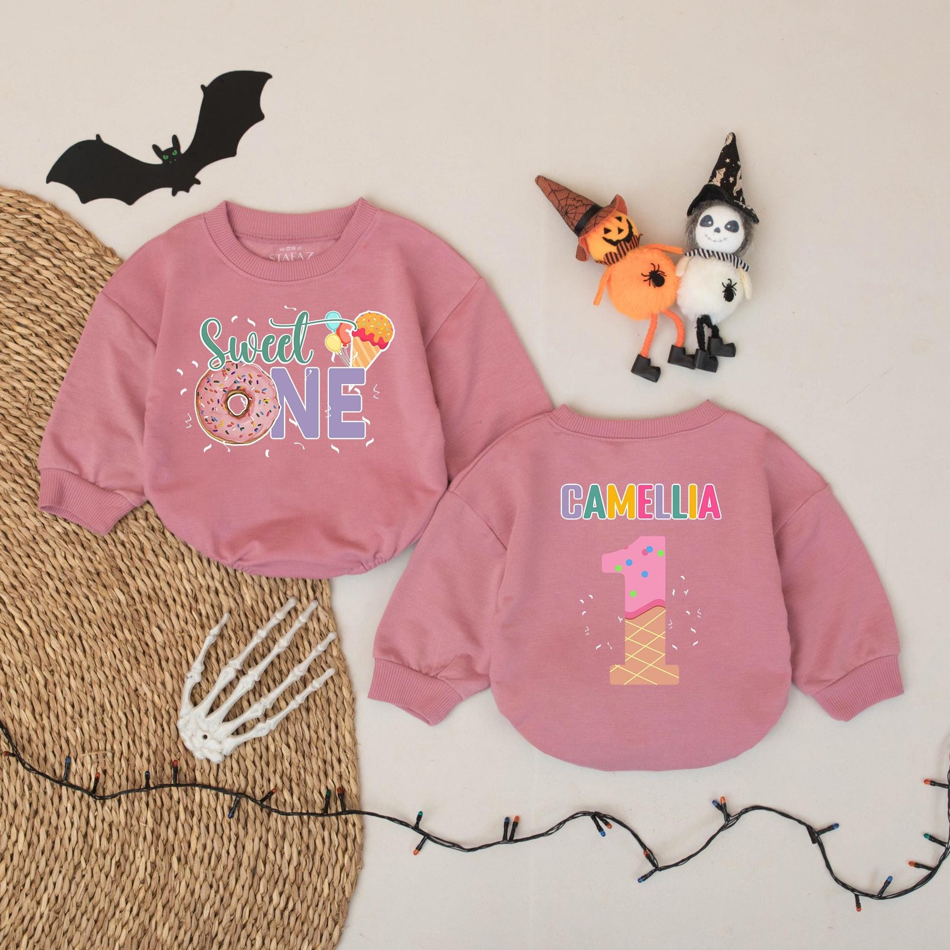 Sweet One Donut Ice Cream Romper for Baby Girl Personalized Camellia First Birthday Outfit