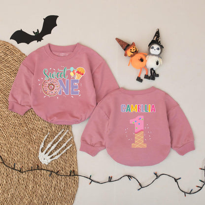 Sweet One Donut Ice Cream Romper for Baby Girl Personalized Camellia First Birthday Outfit