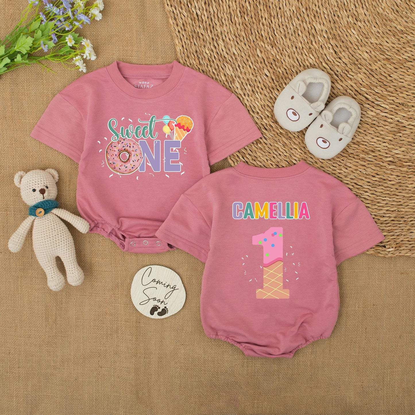 Sweet One Donut Ice Cream Romper for Baby Girl Personalized Camellia First Birthday Outfit
