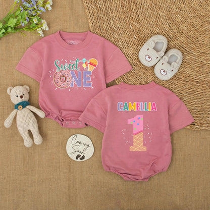 Sweet One Donut Ice Cream Romper for Baby Girl Personalized Camellia First Birthday Outfit