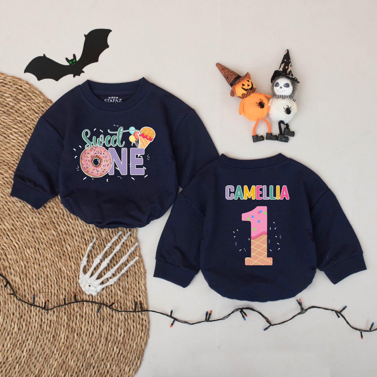 Sweet One Donut Ice Cream Romper for Baby Girl Personalized Camellia First Birthday Outfit