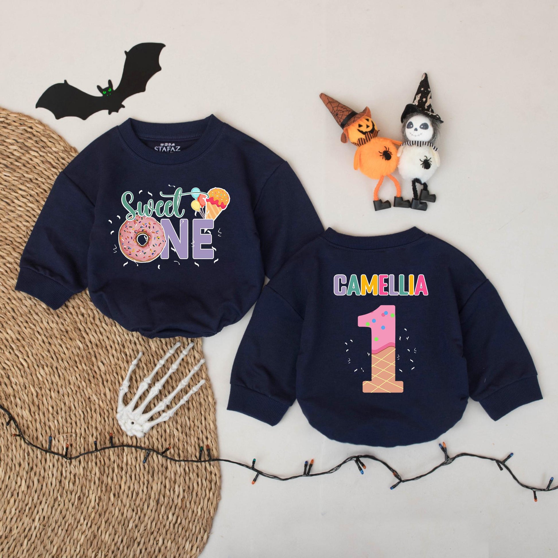 Sweet One Donut Ice Cream Romper for Baby Girl Personalized Camellia First Birthday Outfit