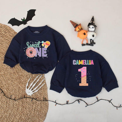 Sweet One Donut Ice Cream Romper for Baby Girl Personalized Camellia First Birthday Outfit