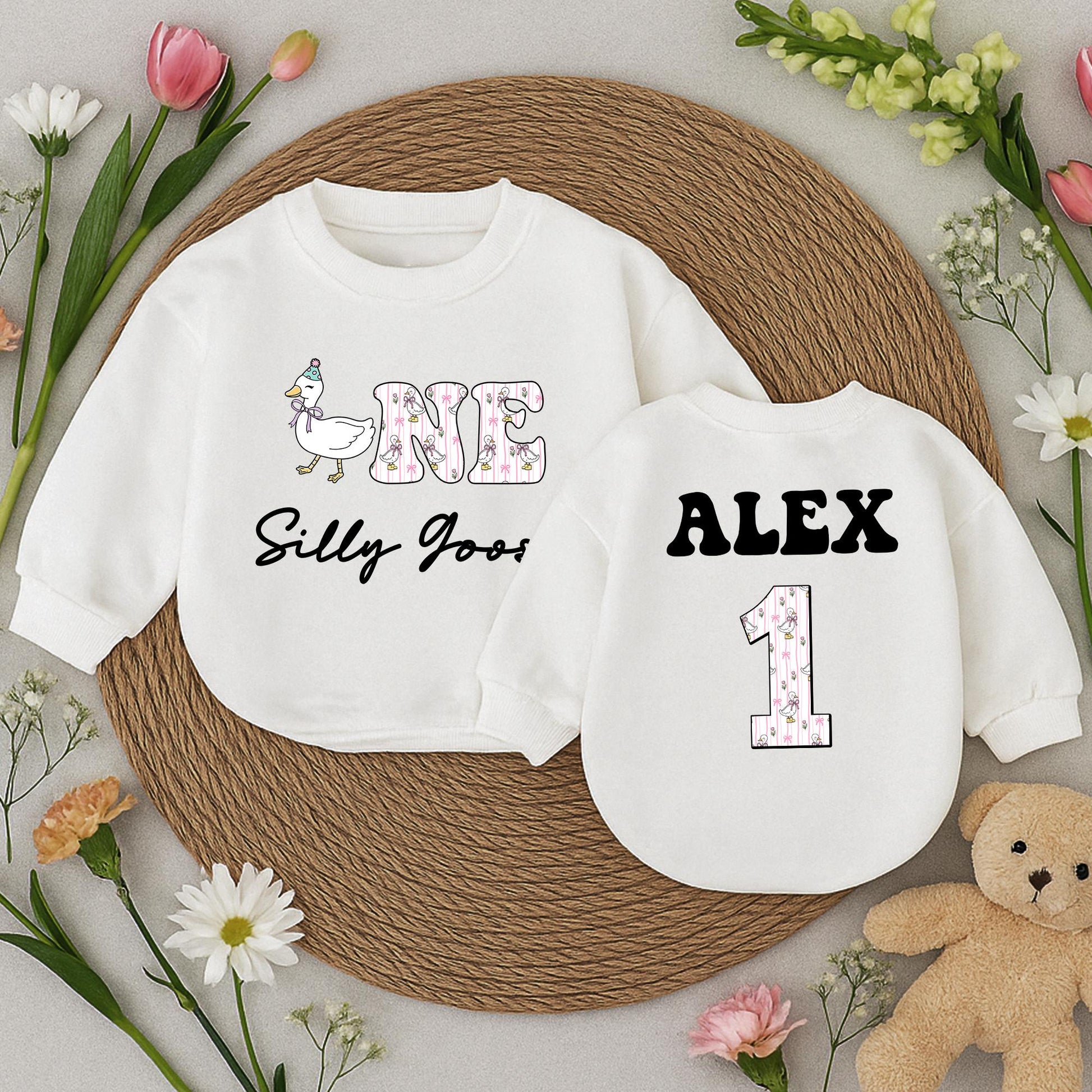 Personalized One Silly Goose Baby Romper First Birthday Outfit Pink Floral Whimsical Goose Bodysuit with Name Cute 1st Birthday Newborn Gift