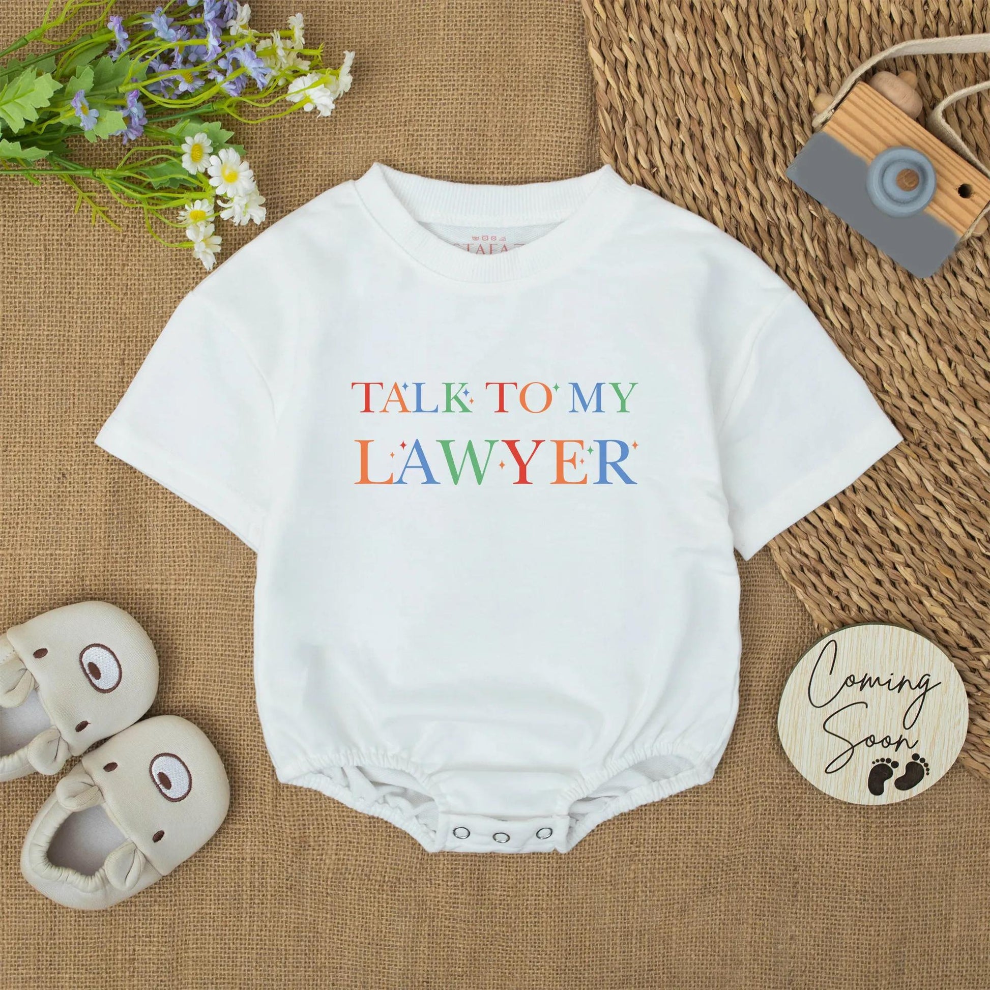 Funny Talk to My Lawyer Baby Romper Vibrant Colors Starburst Detail Adorable Infant Bodysuit Perfect Photo Outfit