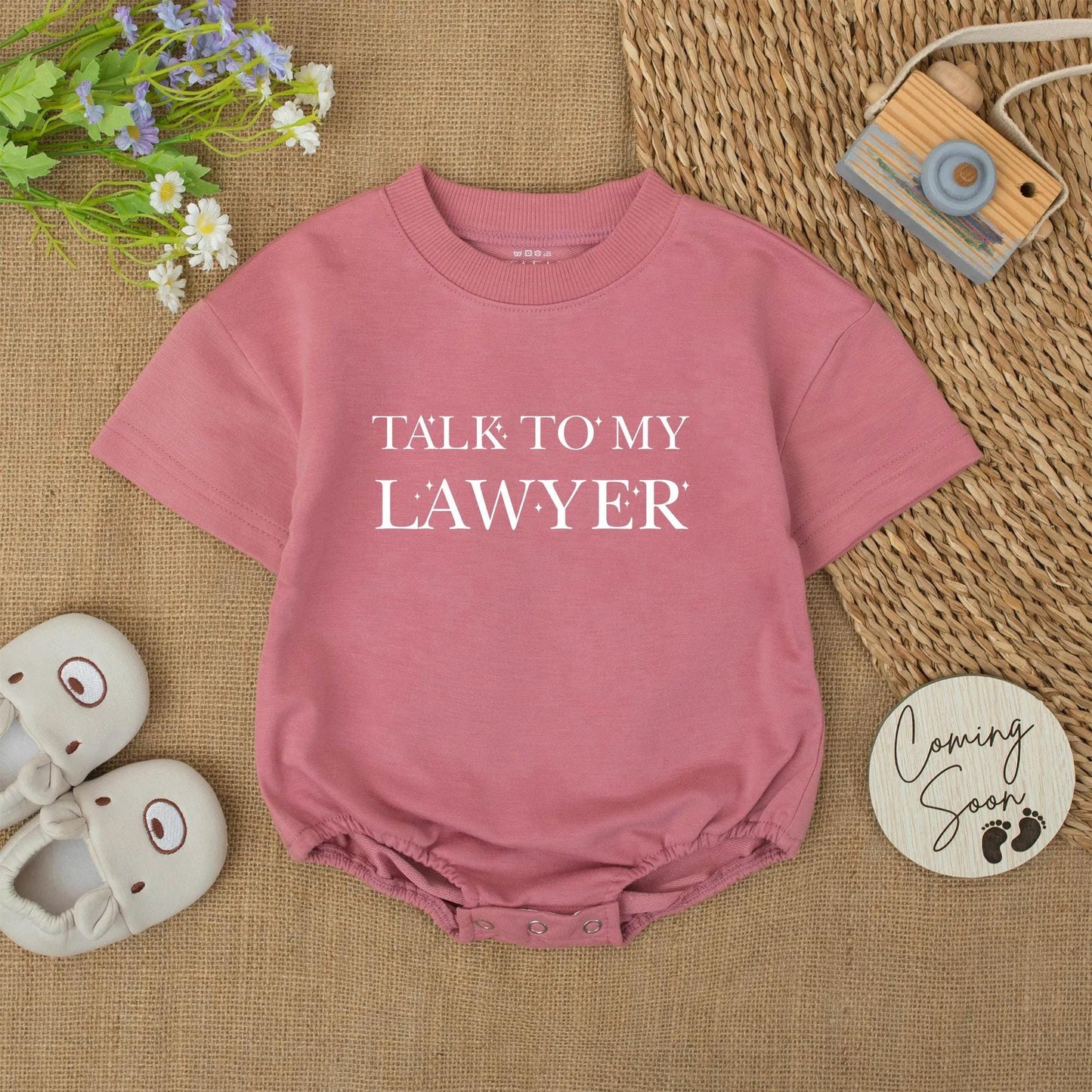 Funny Talk to My Lawyer Baby Romper Vibrant Colors Starburst Detail Adorable Infant Bodysuit Perfect Photo Outfit