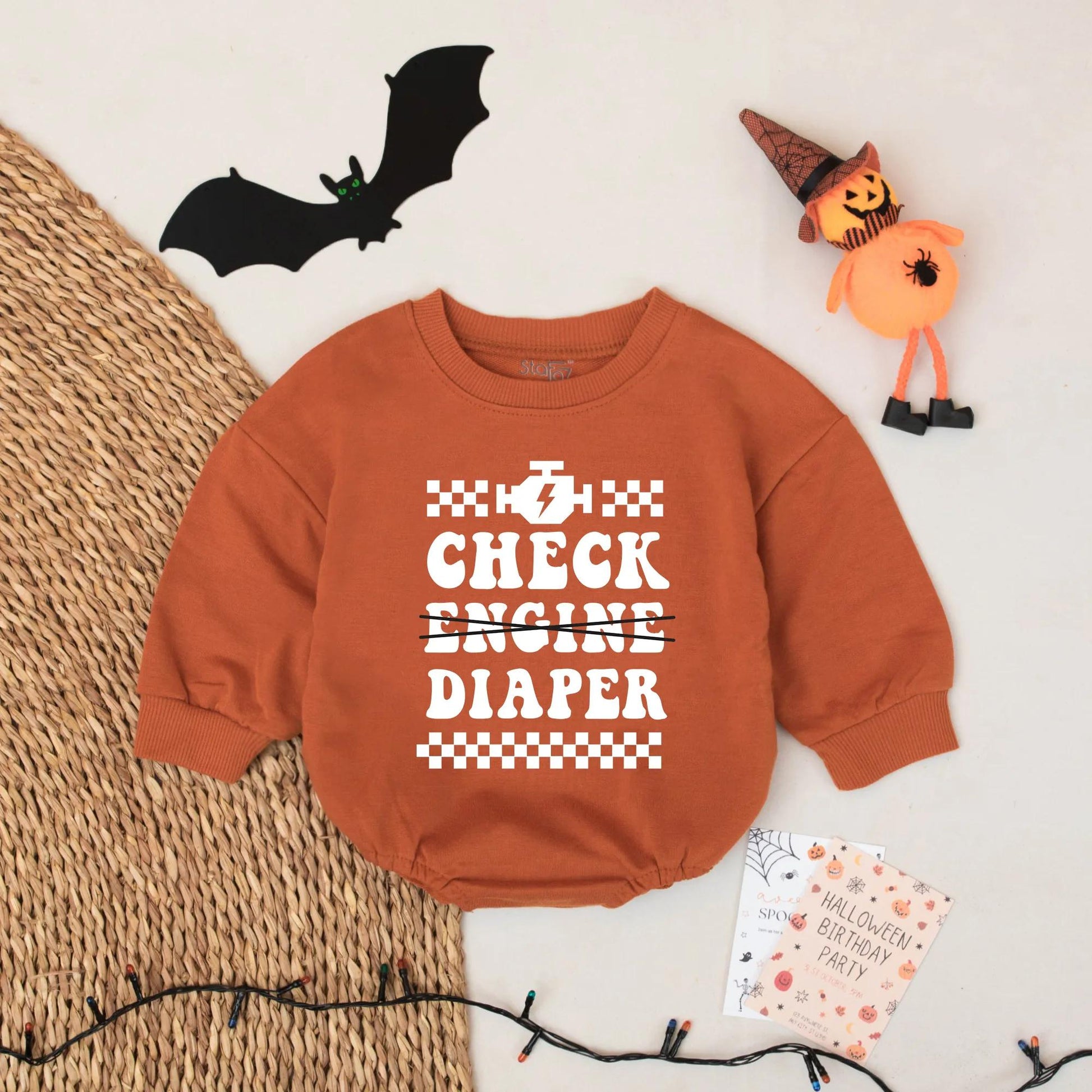 Check Diaper Baby Bodysuit: Funny Mechanic Creeper for Car Lovers, Racing Baby Romper, Engine Lightning Bolt Outfit, Cute Shower Gift, 139 chars
