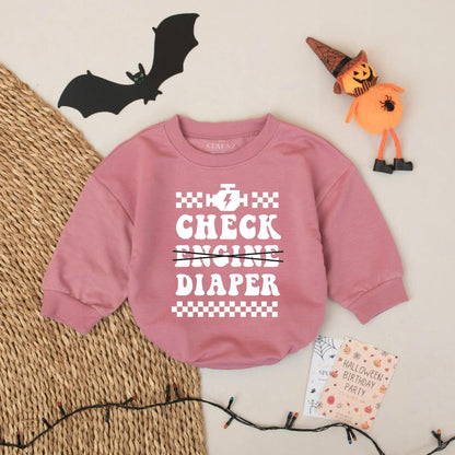Check Diaper Baby Bodysuit: Funny Mechanic Creeper for Car Lovers, Racing Baby Romper, Engine Lightning Bolt Outfit, Cute Shower Gift, 139 chars