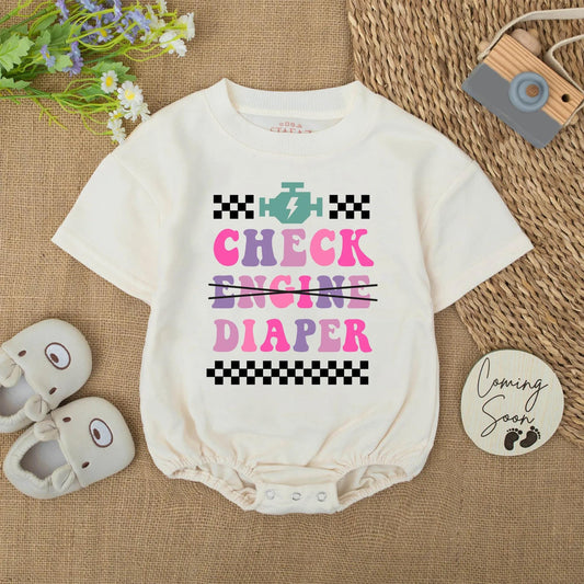Check Diaper Baby Bodysuit: Funny Mechanic Creeper for Car Lovers, Racing Baby Romper, Engine Lightning Bolt Outfit, Cute Shower Gift, 139 chars