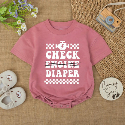 Check Diaper Baby Bodysuit: Funny Mechanic Creeper for Car Lovers, Racing Baby Romper, Engine Lightning Bolt Outfit, Cute Shower Gift, 139 chars