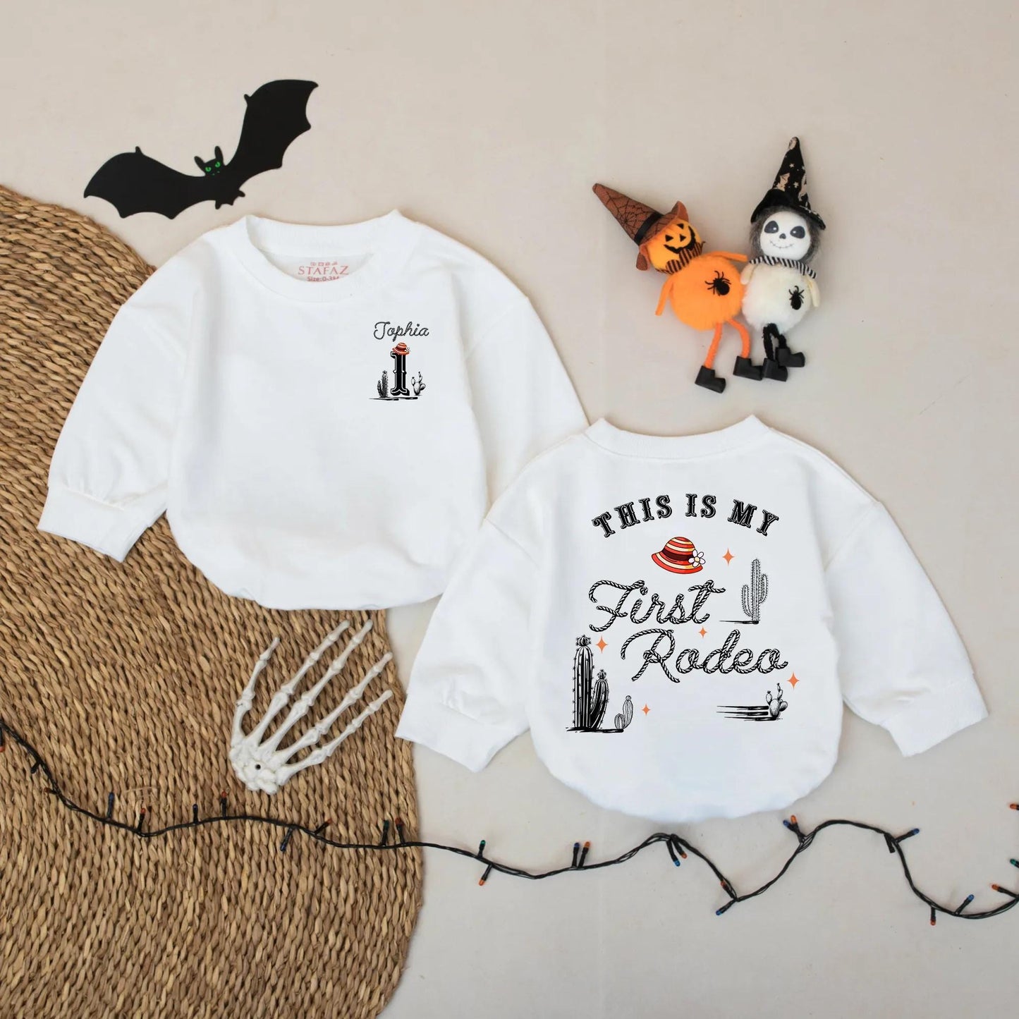 Personalized First Rodeo Baby Romper Western Theme Cowboy 1st Birthday Outfit with Custom Name Number One Cacti Hat Design