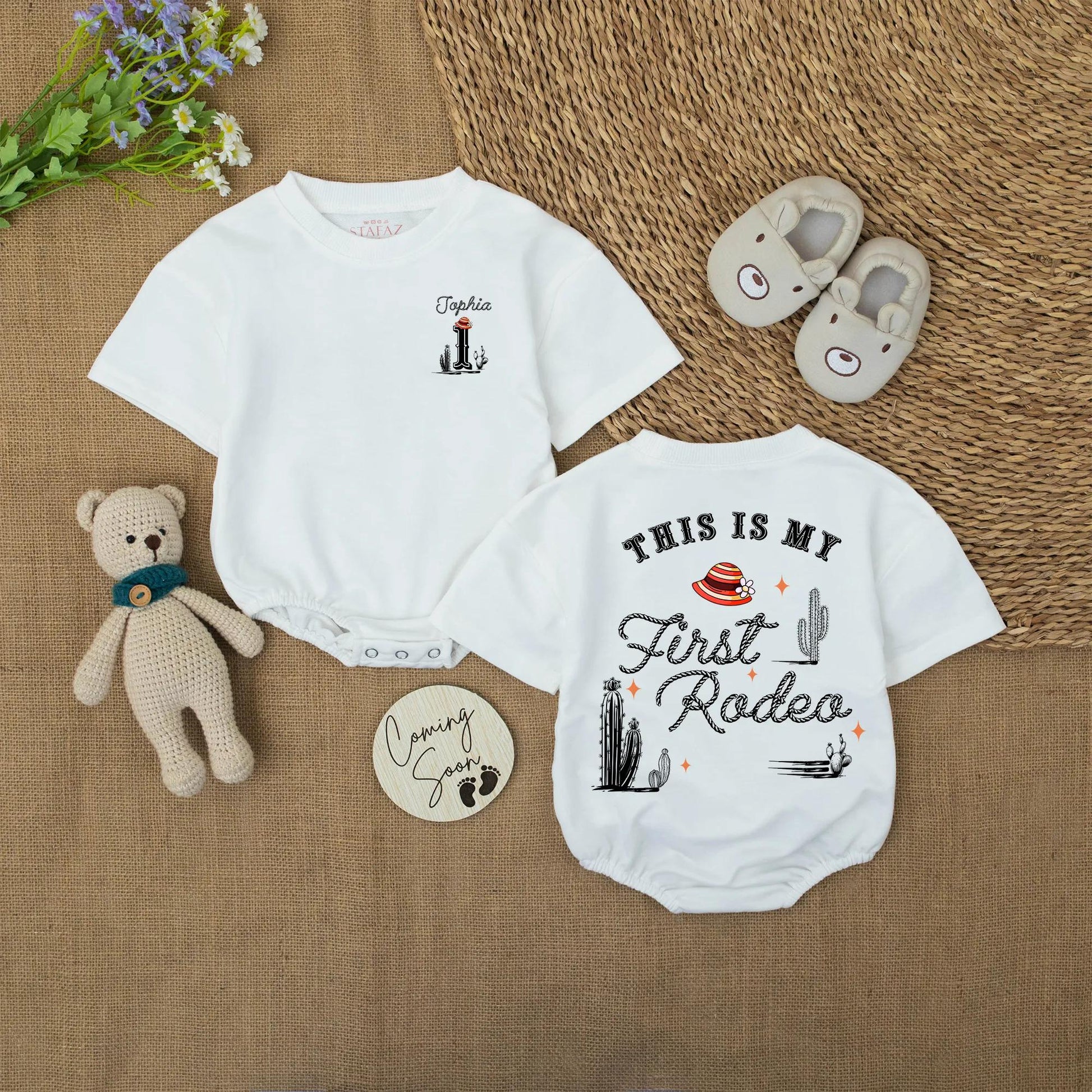 Personalized First Rodeo Baby Romper Western Theme Cowboy 1st Birthday Outfit with Custom Name Number One Cacti Hat Design