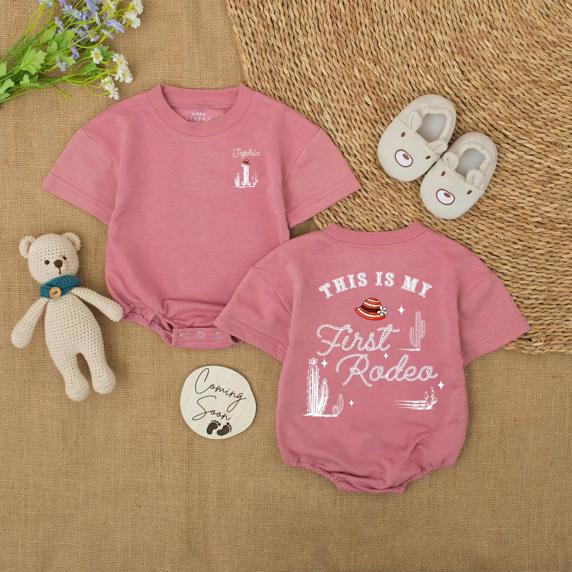 Personalized First Rodeo Baby Romper Western Theme Cowboy 1st Birthday Outfit with Custom Name Number One Cacti Hat Design