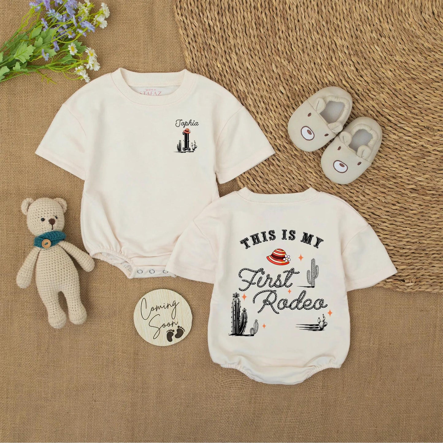 Personalized First Rodeo Baby Romper Western Theme Cowboy 1st Birthday Outfit with Custom Name Number One Cacti Hat Design