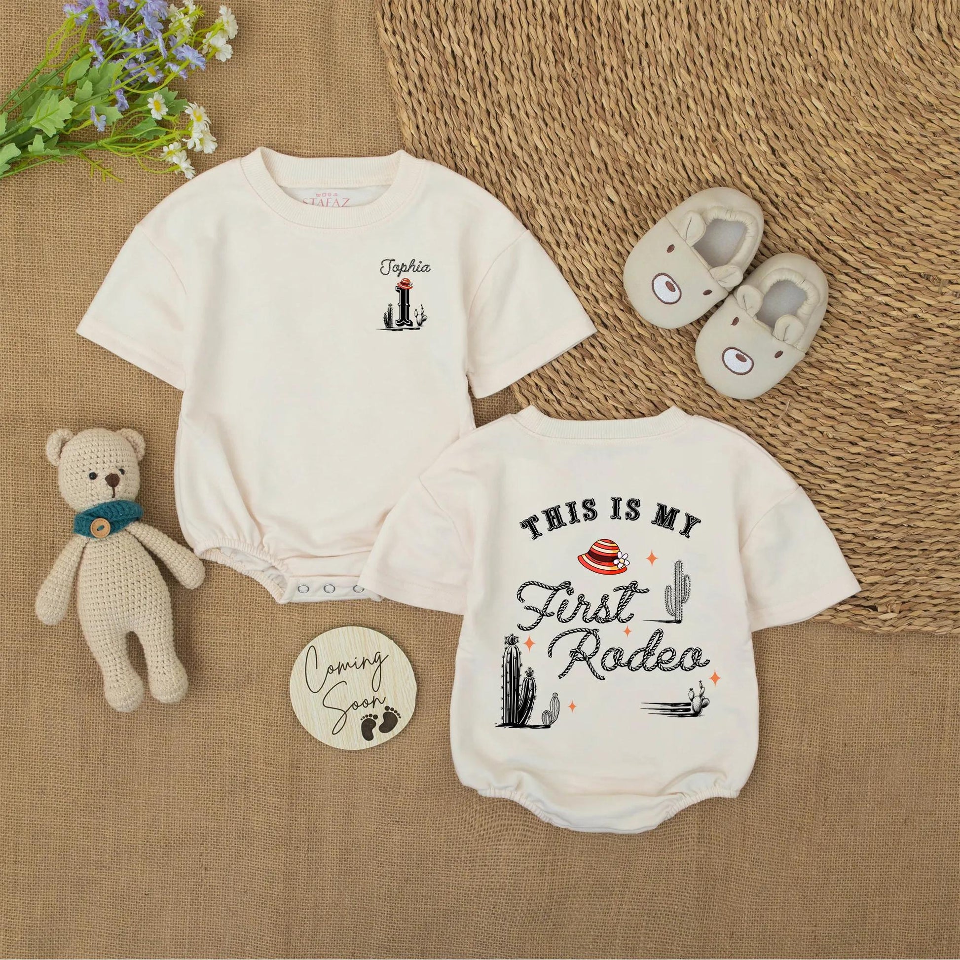Personalized First Rodeo Baby Romper Western Theme Cowboy 1st Birthday Outfit with Custom Name Number One Cacti Hat Design