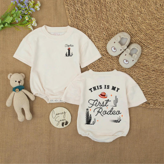 Personalized First Rodeo Baby Romper Western Theme Cowboy 1st Birthday Outfit with Custom Name Number One Cacti Hat Design