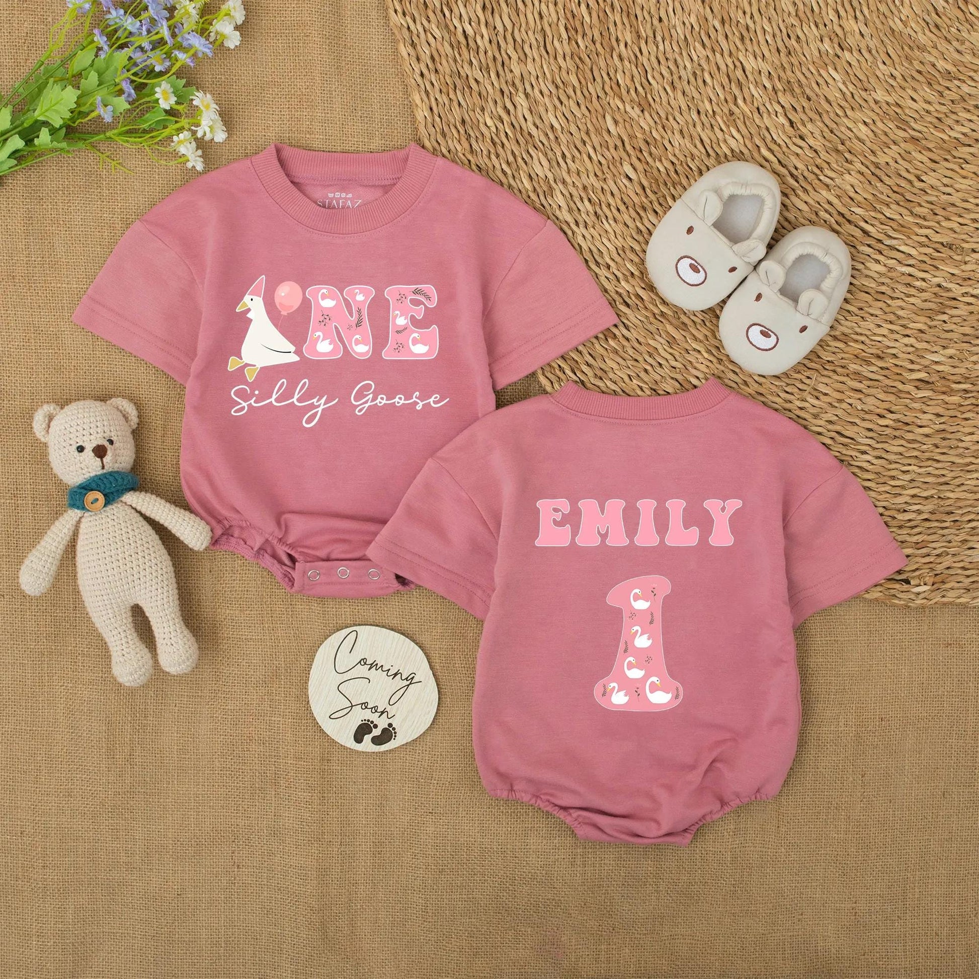 Personalized Silly Goose Birthday Romper ONE Baby Girl Outfit Custom Name 1st Birthday Bodysuit Cute Goose Party First Birthday Outfit Gift 137
