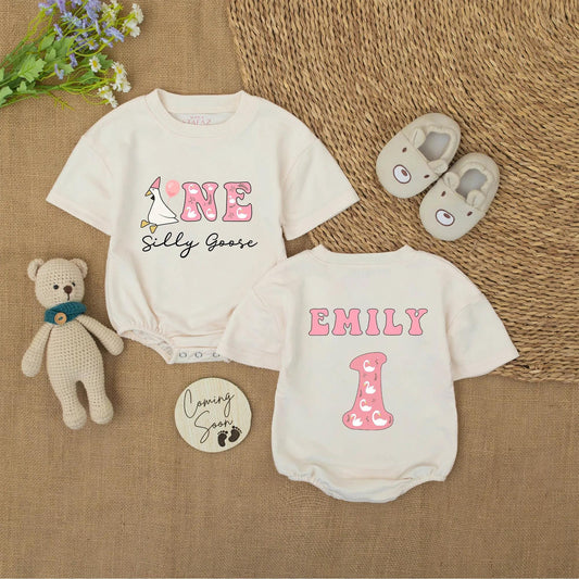 Personalized Silly Goose Birthday Romper ONE Baby Girl Outfit Custom Name 1st Birthday Bodysuit Cute Goose Party First Birthday Outfit Gift 137