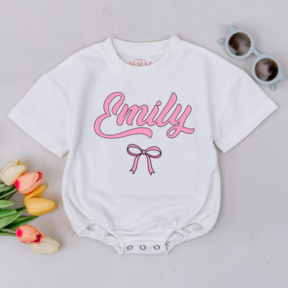 Emily's Bow Romper: Personalized Baby Girl Outfit, Cute Pink Bubble Letter Custom Newborn Take Home Gift, Infant Shower Present 1st Birthday Romper