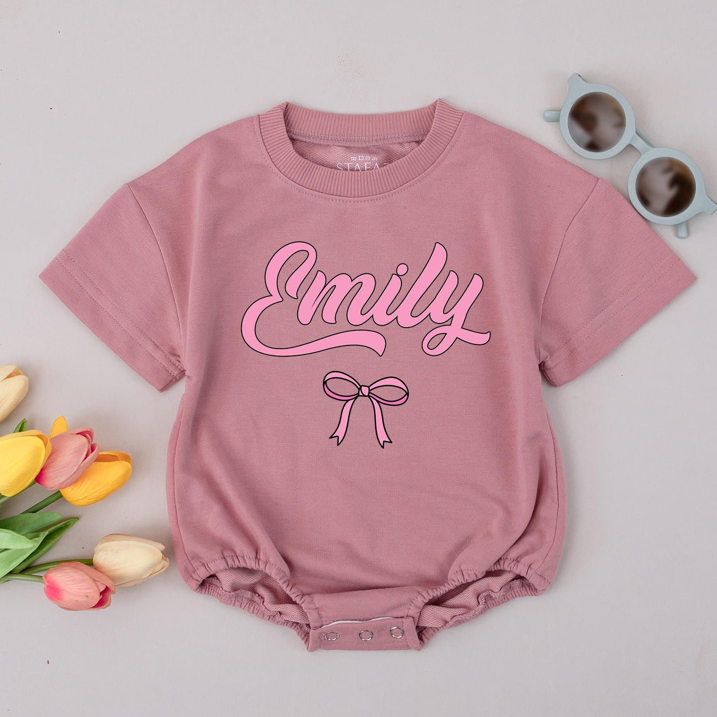 Emily's Bow Romper: Personalized Baby Girl Outfit, Cute Pink Bubble Letter Custom Newborn Take Home Gift, Infant Shower Present 1st Birthday Romper