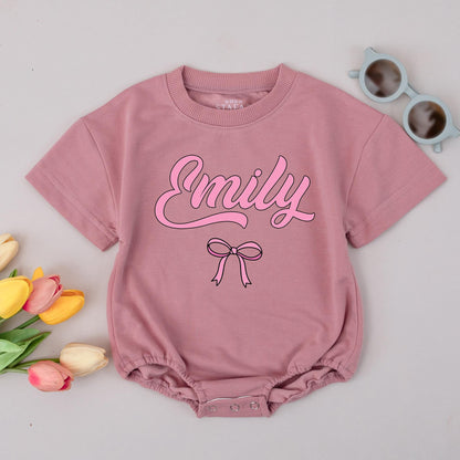 Emily's Bow Romper: Personalized Baby Girl Outfit, Cute Pink Bubble Letter Custom Newborn Take Home Gift, Infant Shower Present 1st Birthday Romper
