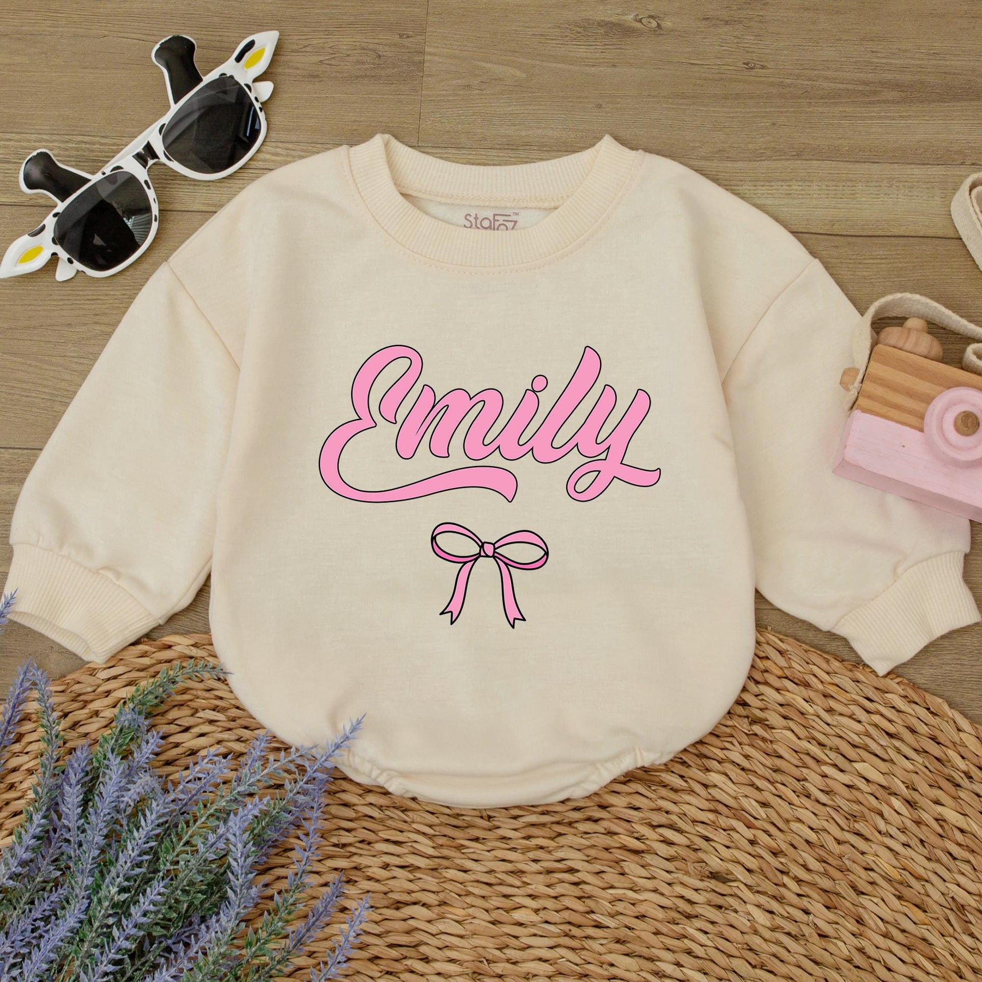 Emily's Bow Romper: Personalized Baby Girl Outfit, Cute Pink Bubble Letter Custom Newborn Take Home Gift, Infant Shower Present 1st Birthday Romper