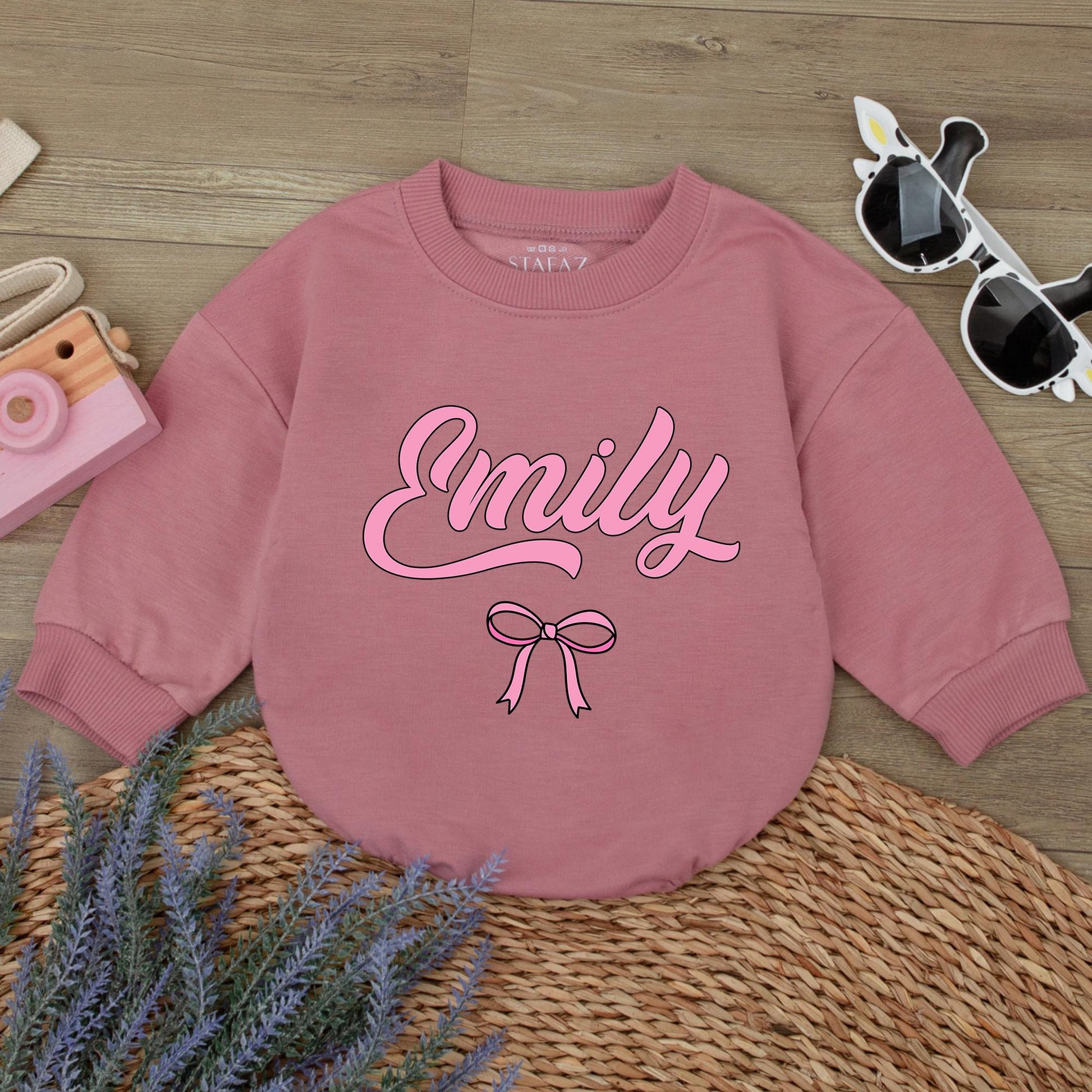 Emily's Bow Romper: Personalized Baby Girl Outfit, Cute Pink Bubble Letter Custom Newborn Take Home Gift, Infant Shower Present 1st Birthday Romper