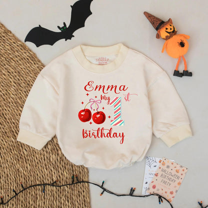 Emma's 1st Birthday Cherry Romper Baby Girl Red Blue Stripes Custom Name Party Outfit
