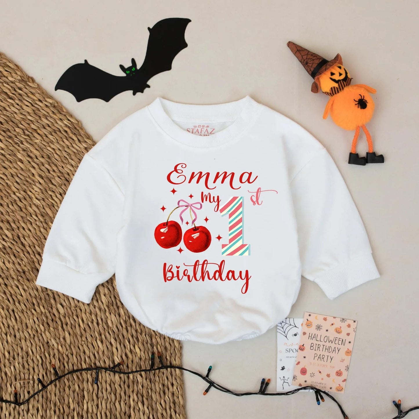 Emma's 1st Birthday Cherry Romper Baby Girl Red Blue Stripes Custom Name Party Outfit