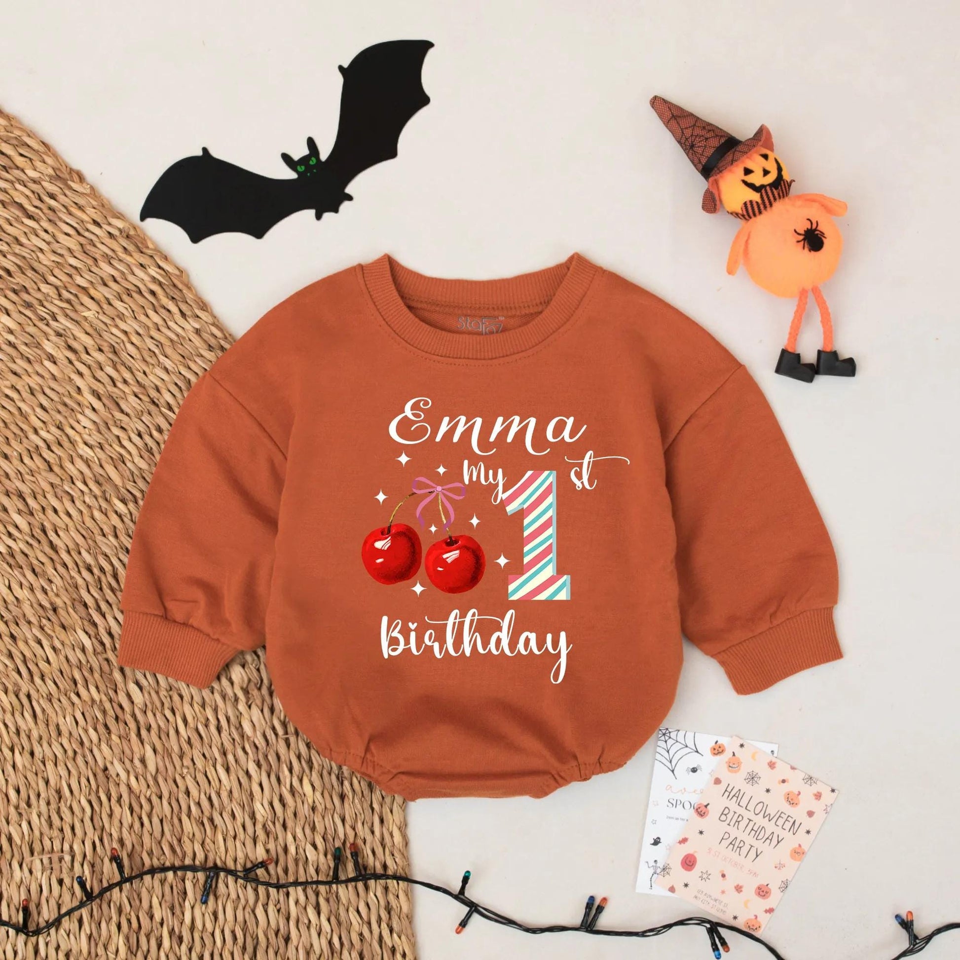 Emma's 1st Birthday Cherry Romper Baby Girl Red Blue Stripes Custom Name Party Outfit