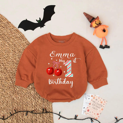 Emma's 1st Birthday Cherry Romper Baby Girl Red Blue Stripes Custom Name Party Outfit