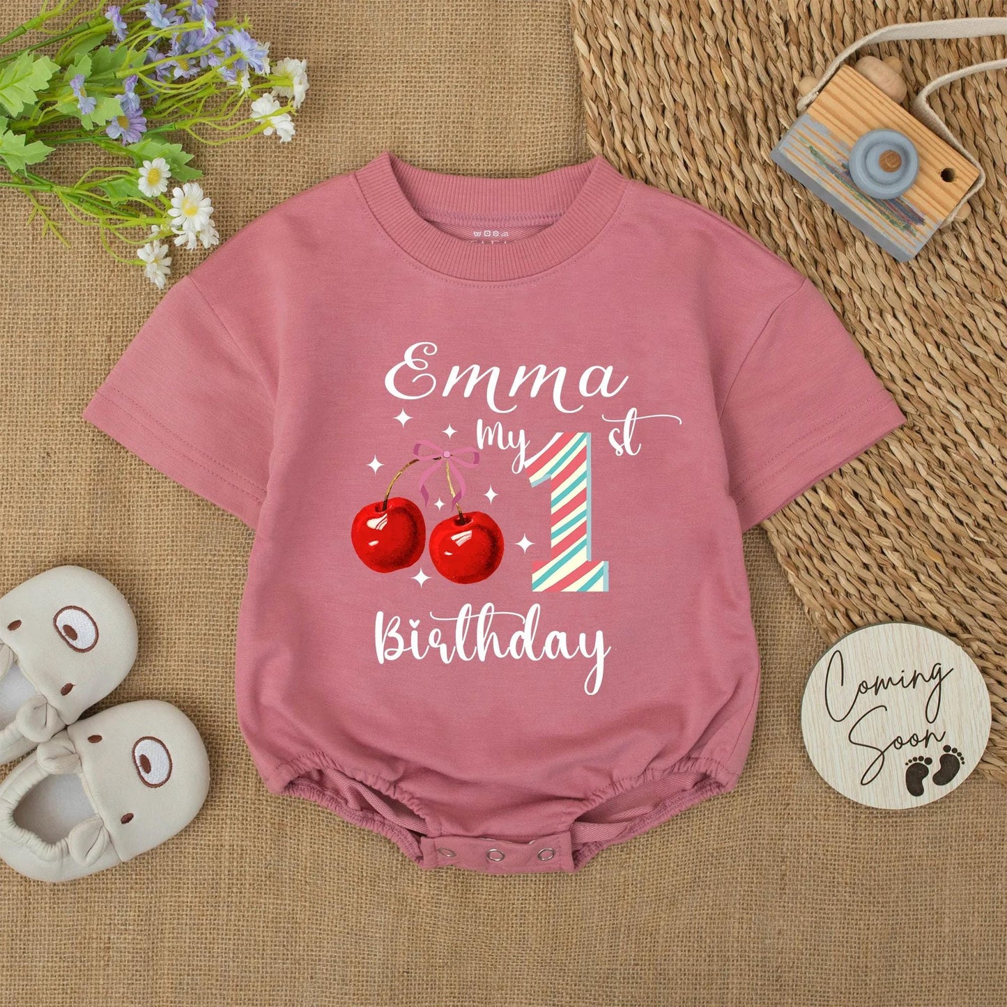 Emma's 1st Birthday Cherry Romper Baby Girl Red Blue Stripes Custom Name Party Outfit