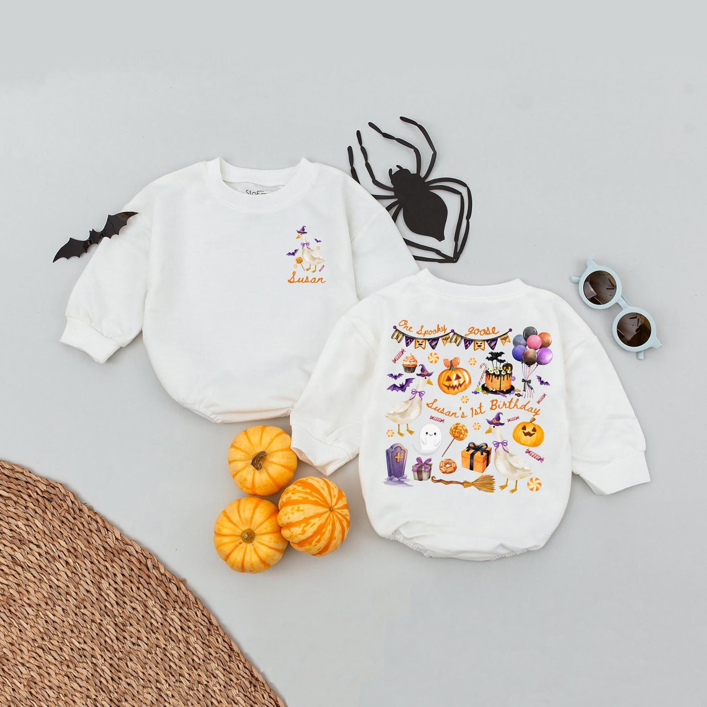 Personalized Spooky Goose Halloween Birthday Romper for Baby Girl or Boy One Spooky Goose Fall Outfit